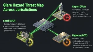 Solar glint and glare study diagram showing panel reflections reaching a control tower and a highway