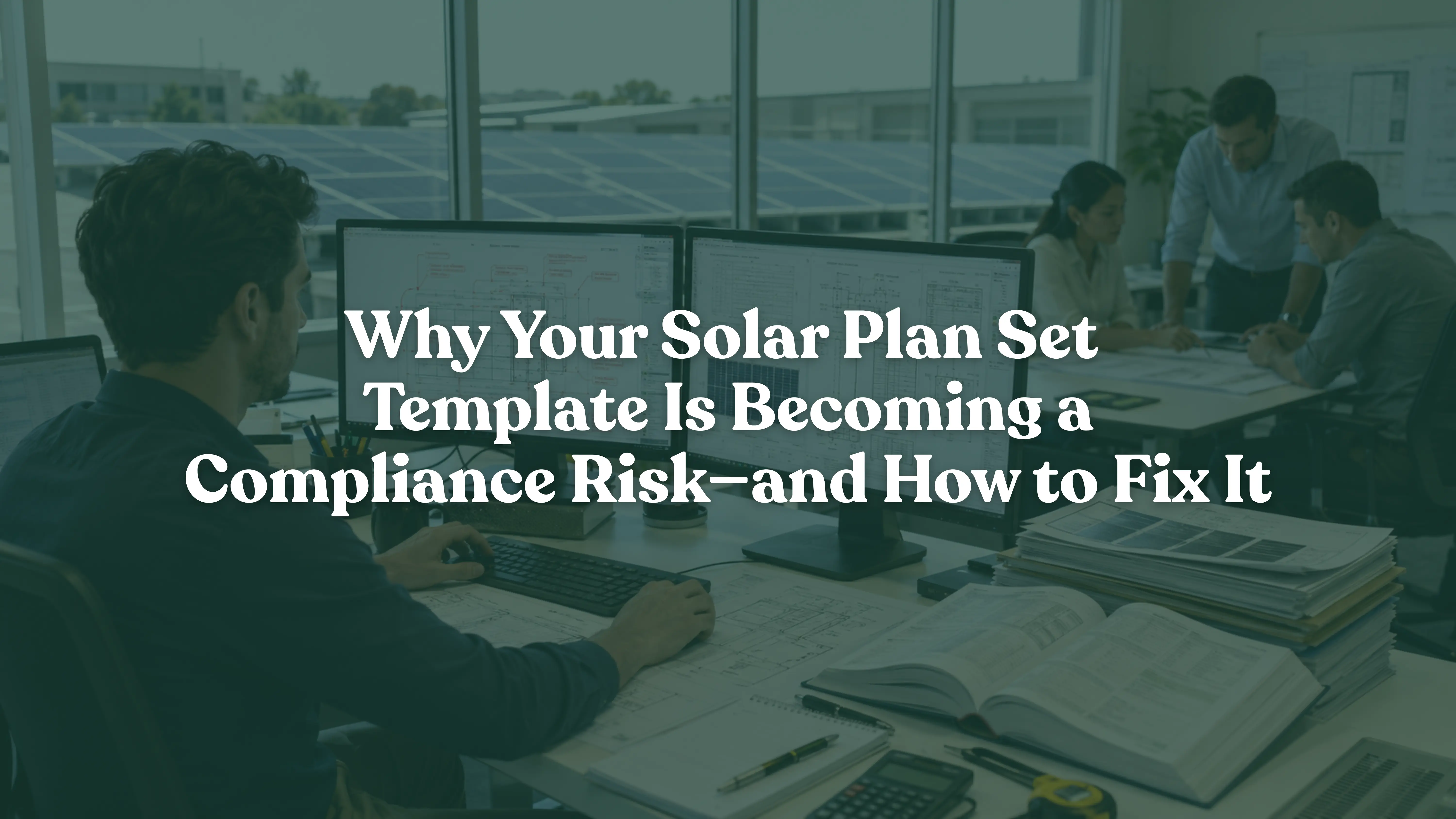 Reviewing PV plan sets and permit drawings for NEC compliance, solar permitting, AHJ approval, photovoltaic system design, electrical engineering documentation, and code-compliant solar project planning in a modern office environment.