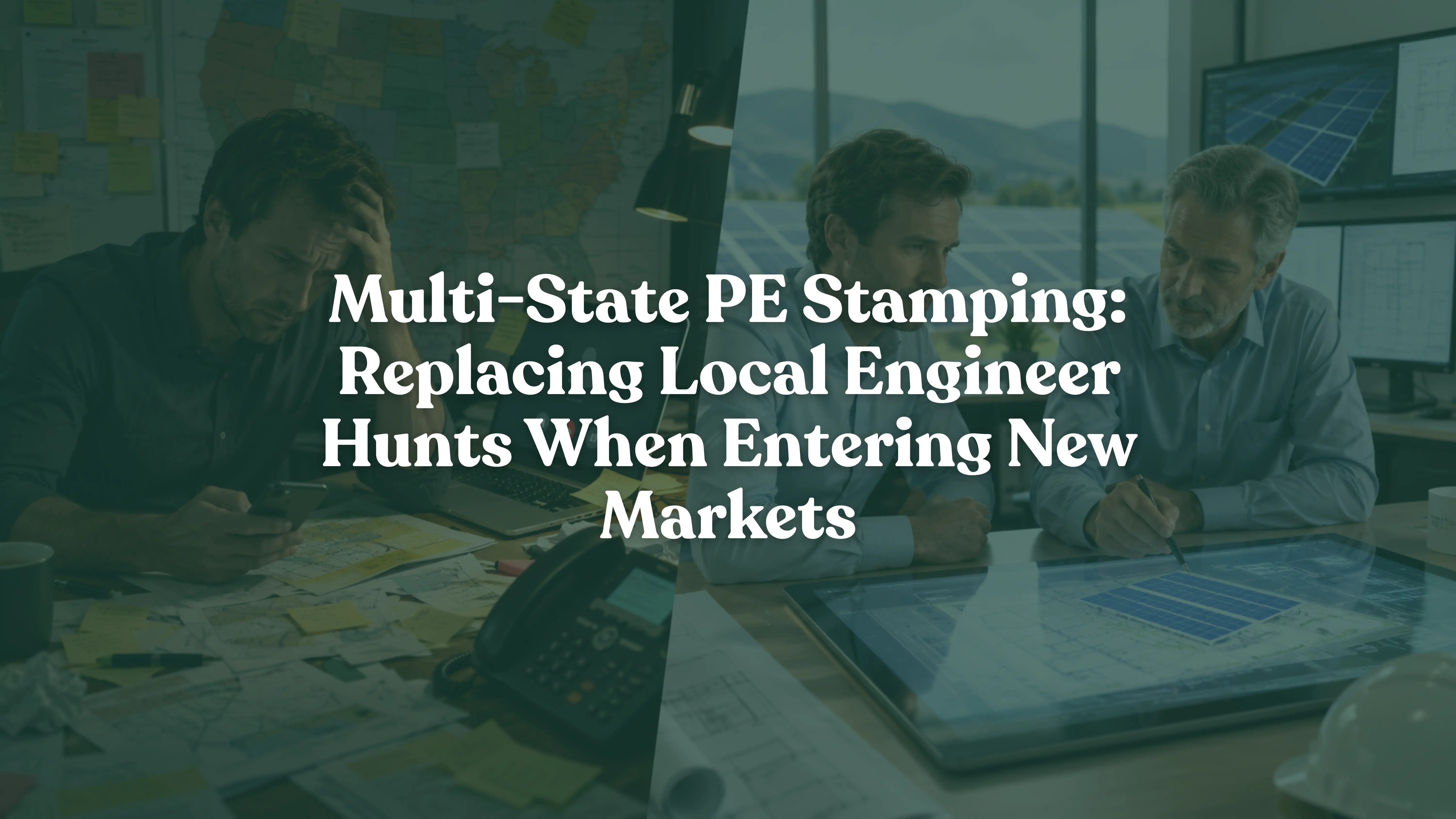 Multi-state PE stamping services for solar projects, showing engineering professionals reviewing solar design plans and permitting documents. Visual highlights challenges of finding local licensed engineers and the benefits of multi-state Professional Engineer (PE) stamping, solar permitting, engineering design, planset approval, renewable energy consulting, and solar EPC expansion into new U.S. markets.