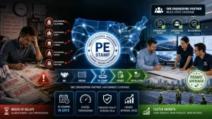 Explains how Multi-State PE Stamping accelerates market expansion for solar installers and EPCs. Instead of searching for new local engineers in every state, companies can rely on a single engineering partner with multi-state licensing coverage.
