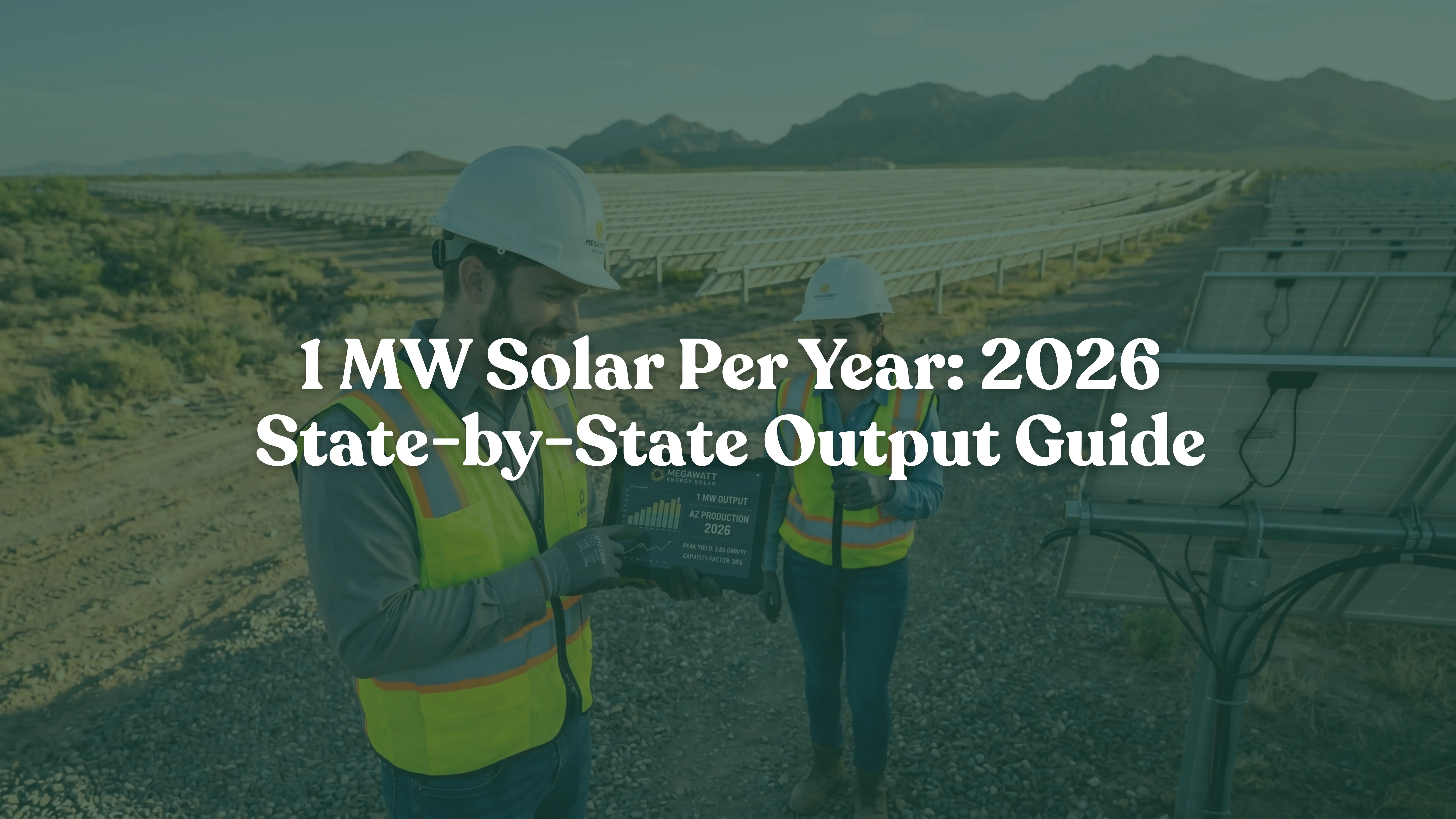 Two professional solar EPC engineers reviewing peak performance data on a tablet at a massive 1 MW ground-mounted utility-scale solar farm during a sunny afternoon.
