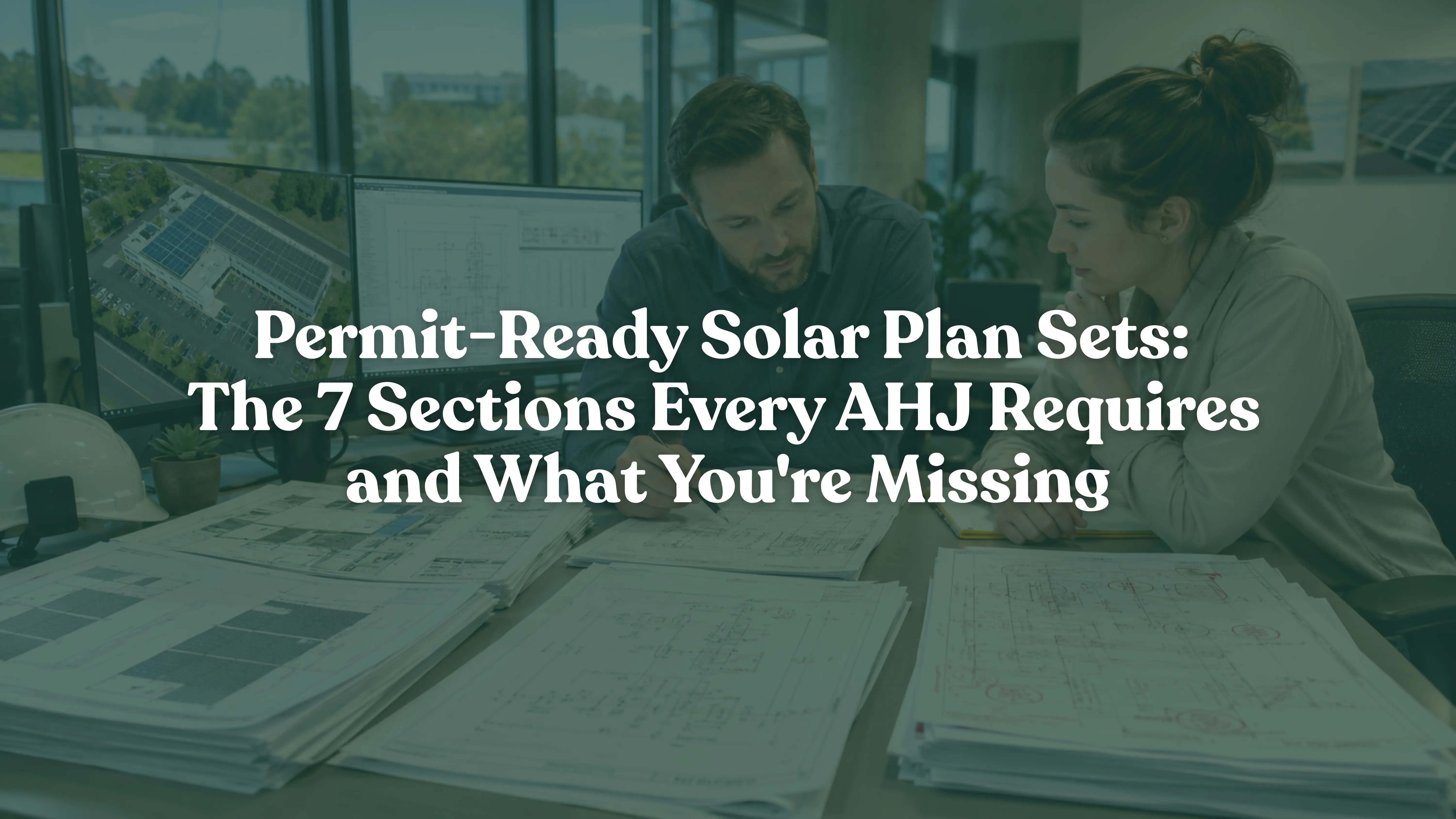 Solar design engineers reviewing permit-ready solar plan sets, electrical single-line diagrams, and AHJ compliance documents to prevent solar permit rejections and accelerate residential solar permitting approvals for EPCs and solar installers.
