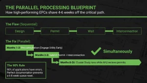 Solar interconnection critical path under FERC Order 2023 showing parallel permit and interconnection application filing, cluster study entry, and utility review phases