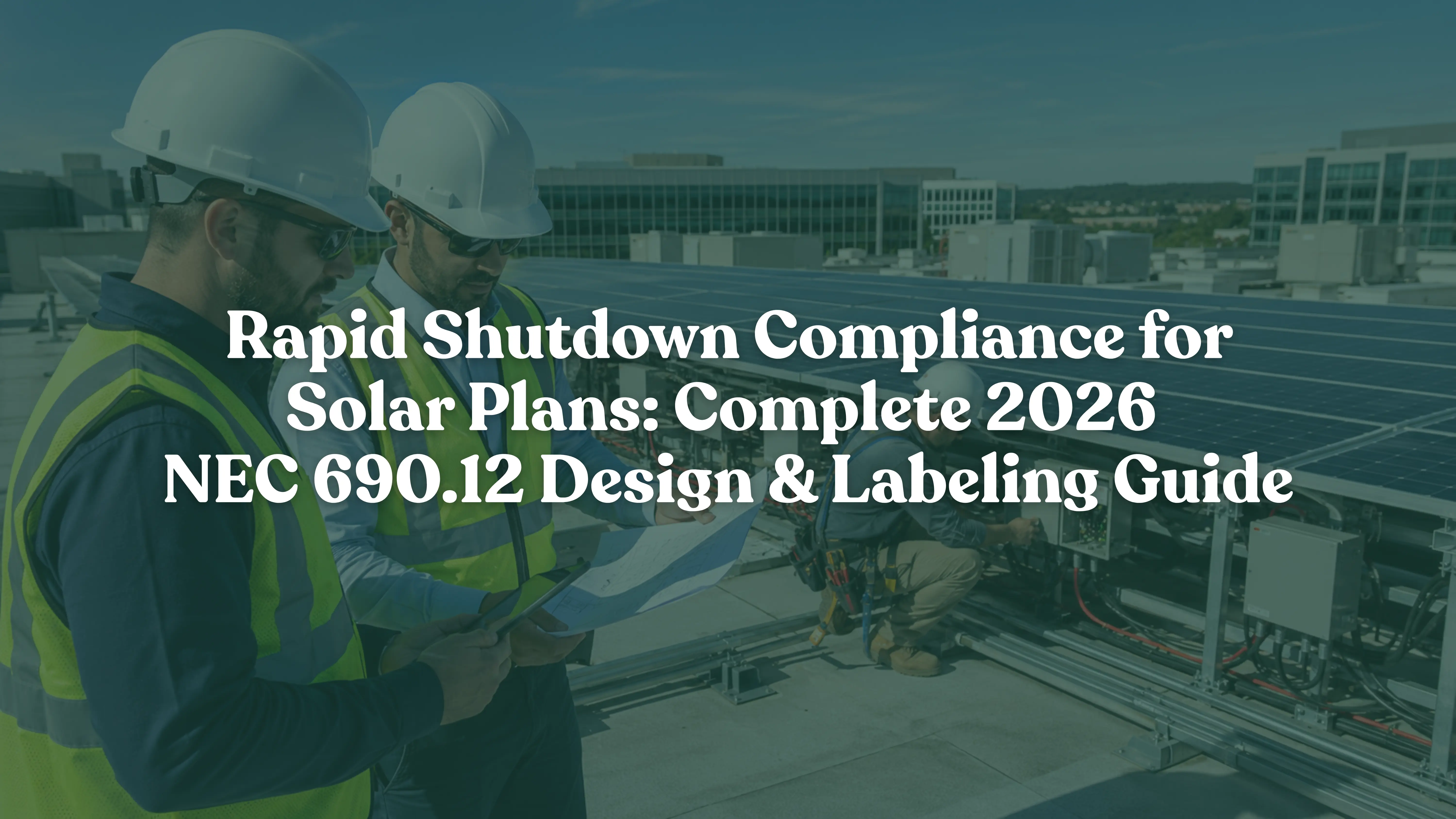 Reviewing NEC 690.12 rapid shutdown compliance on a commercial rooftop solar installation, inspecting shutdown devices, electrical wiring, and photovoltaic panels for code-compliant system design and safety.