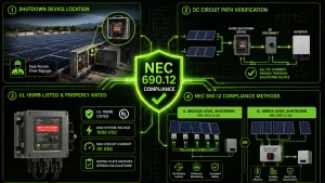 Infographic illustrating NEC 690.12 rapid shutdown compliance requirements for solar installations, including shutdown device location, DC circuit path verification, UL 1699B-listed equipment, module-level and array-level shutdown methods, and permit-ready solar plan documentation.