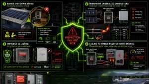 Infographic showing common solar rapid shutdown design mistakes that trigger NEC 690.12 inspection failures, including inaccessible shutdown devices, undersized conductors, non-UL 1699B listed equipment, inverter capacity mismatches, and best practices for permit-ready solar system design.