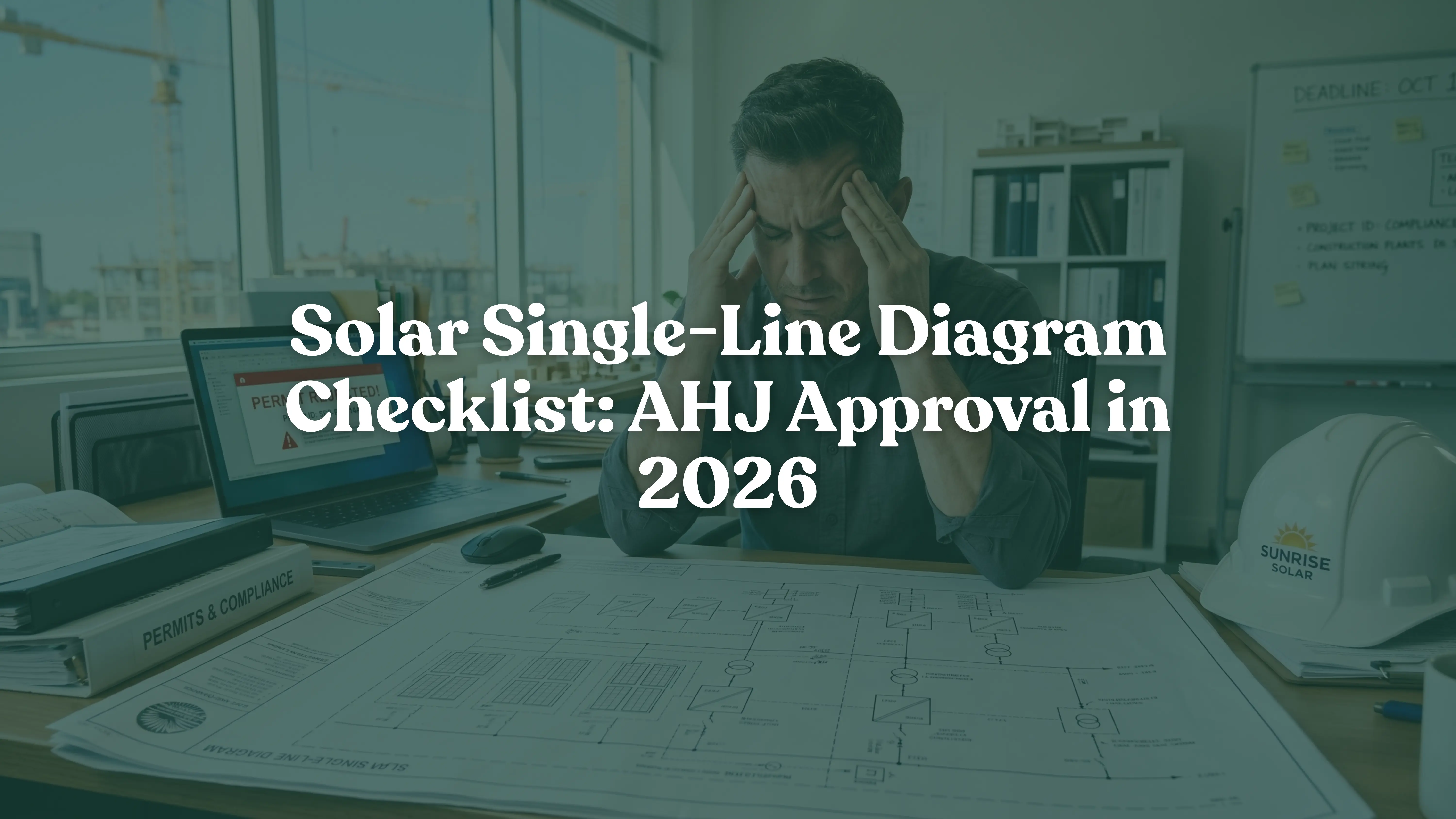 Stressed solar project manager looking at a permit rejection email next to a solar single-line diagram blueprint on an office desk.