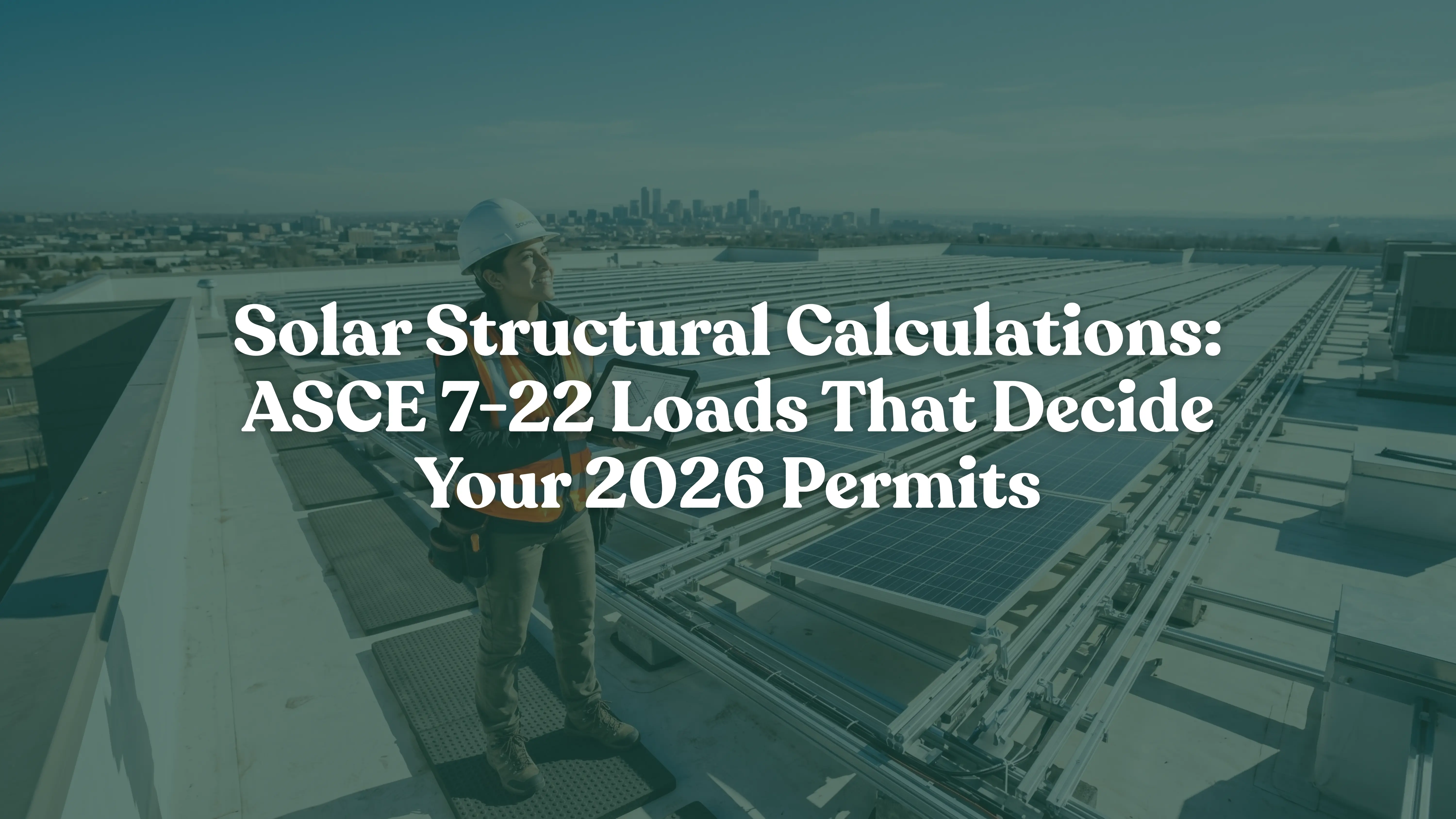 A professional female solar engineer inspecting a commercial rooftop PV installation with a digital tablet displaying structural calculations under a clear blue sky, illustrating ASCE 7-22 code compliance for solar permits.