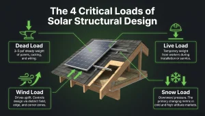 Solar structural calculations under ASCE 7-22 showing wind, snow, dead and live loads on a rooftop solar array