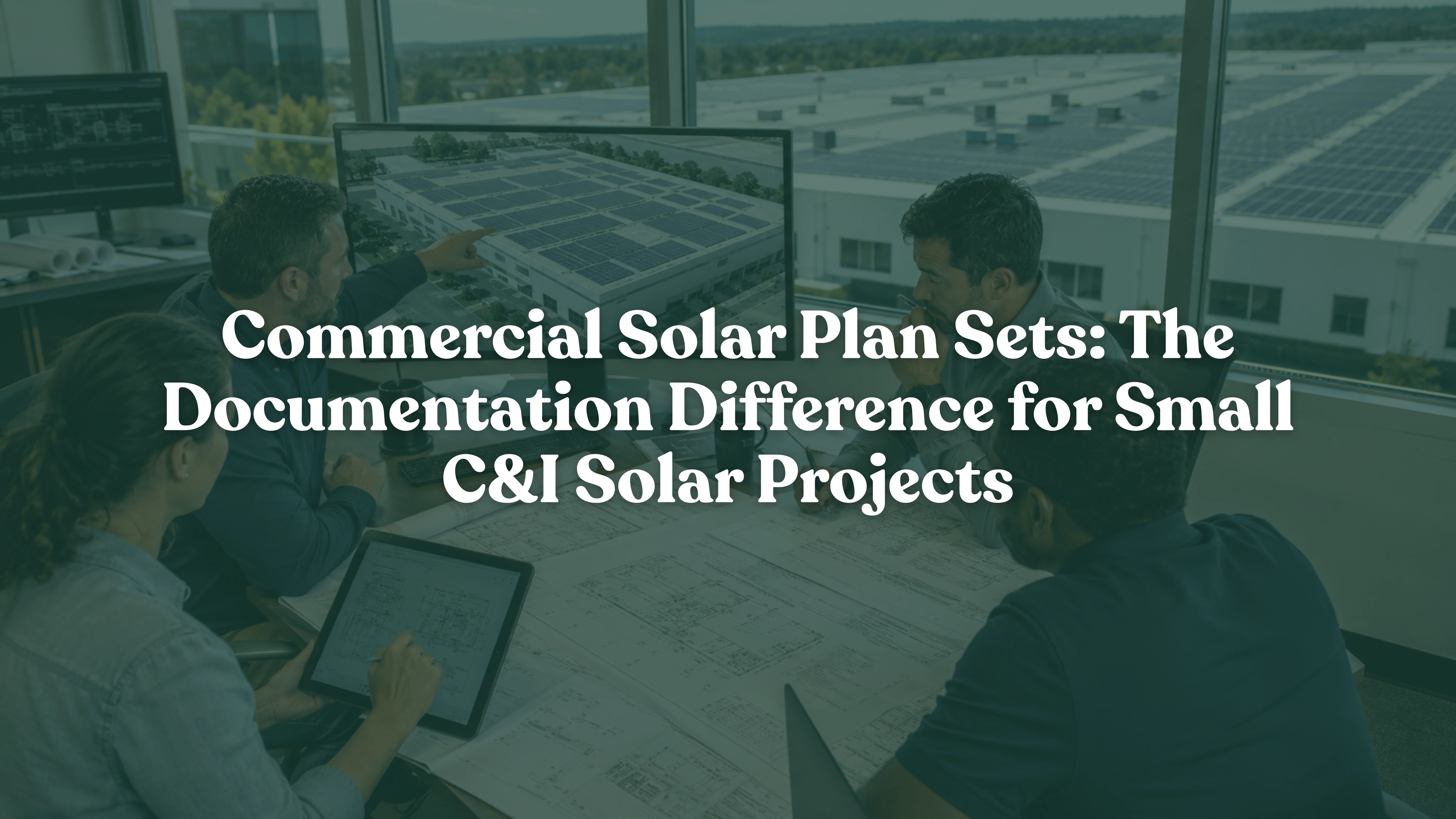 Commercial solar engineering team reviewing C&I solar plan sets, electrical drawings, and permit documentation for a large warehouse rooftop solar project. Professional engineers collaborate on solar design, interconnection planning, code compliance, PE-stamped plans, and commercial solar permitting to ensure successful project approval and installation.