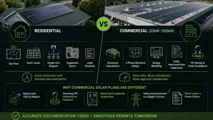 Commercial Solar Plan Sets infographic comparing residential and C&I solar documentation requirements, including structural calculations, three-phase electrical design, PE-stamped engineering drawings, utility interconnection paperwork, code compliance, solar permitting, rooftop solar system design, and commercial solar project engineering for faster permit approvals and successful installations.