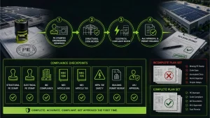 Commercial solar permitting infographic showing PE-stamped engineering drawings, AHJ review process, NEC 690 and NEC 705 compliance, IBC structural requirements, NFPA 70E electrical safety standards, building permit review, commercial solar plan sets, solar permit approval workflow, utility interconnection documentation, and code-compliant C&I solar engineering for faster permit approvals and reduced project delays.
