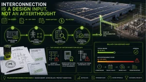 Commercial solar interconnection infographic showing utility interconnection planning, commercial solar plan sets, IEEE 1547-2018 inverter compliance, point of interconnection (POI) review, utility approval process, electrical single-line diagrams, system impact studies, solar permitting workflow, Section 48E tax credit eligibility, C&I solar project engineering, and utility-scale solar grid connection strategies for faster approvals and reduced project delays.