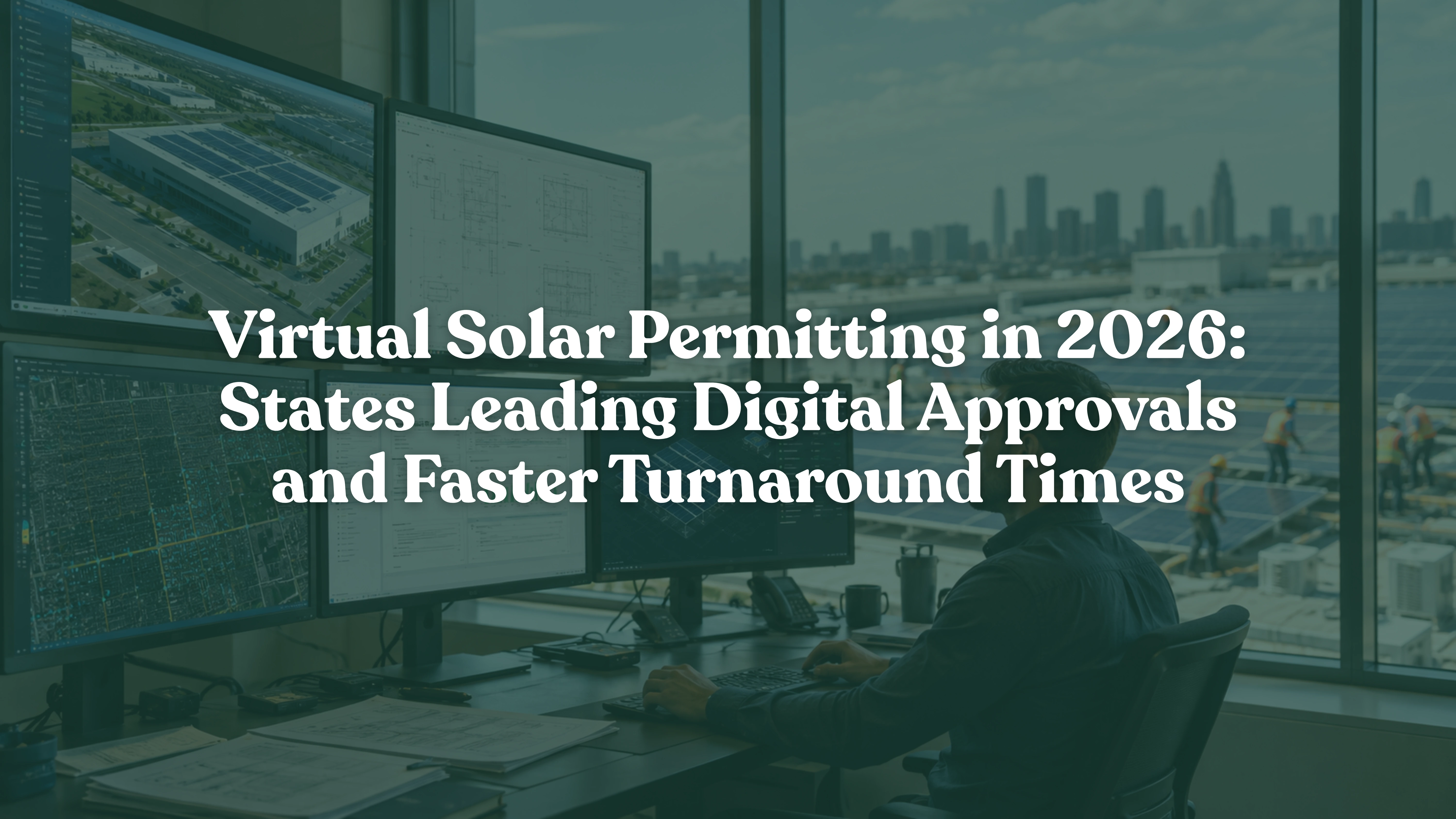 Reviewing digital permit approvals and solar engineering plans on multiple monitors while a commercial rooftop solar installation progresses outside, showcasing virtual solar permitting, solar design services, permit plan sets, AHJ approvals, interconnection support, and commercial solar project development in 2026.