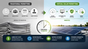 Virtual solar permitting infographic comparing traditional permit review and automated digital approvals, highlighting SolarAPP+, online solar permit submission, solar plan sets, code compliance checks, AHJ approvals, solar engineering services, permitting automation, reduced soft costs, and faster residential solar project approvals in 2026.