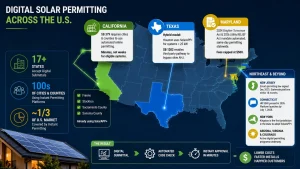Digital solar permitting infographic showing U.S. states adopting online solar permit submission platforms, including California, Texas, Maryland, New Jersey, and New York, highlighting SolarAPP+, automated code compliance reviews, instant permit approvals, residential solar permitting, solar engineering services, AHJ approvals, interconnection support, and faster solar project deployment in 2026.