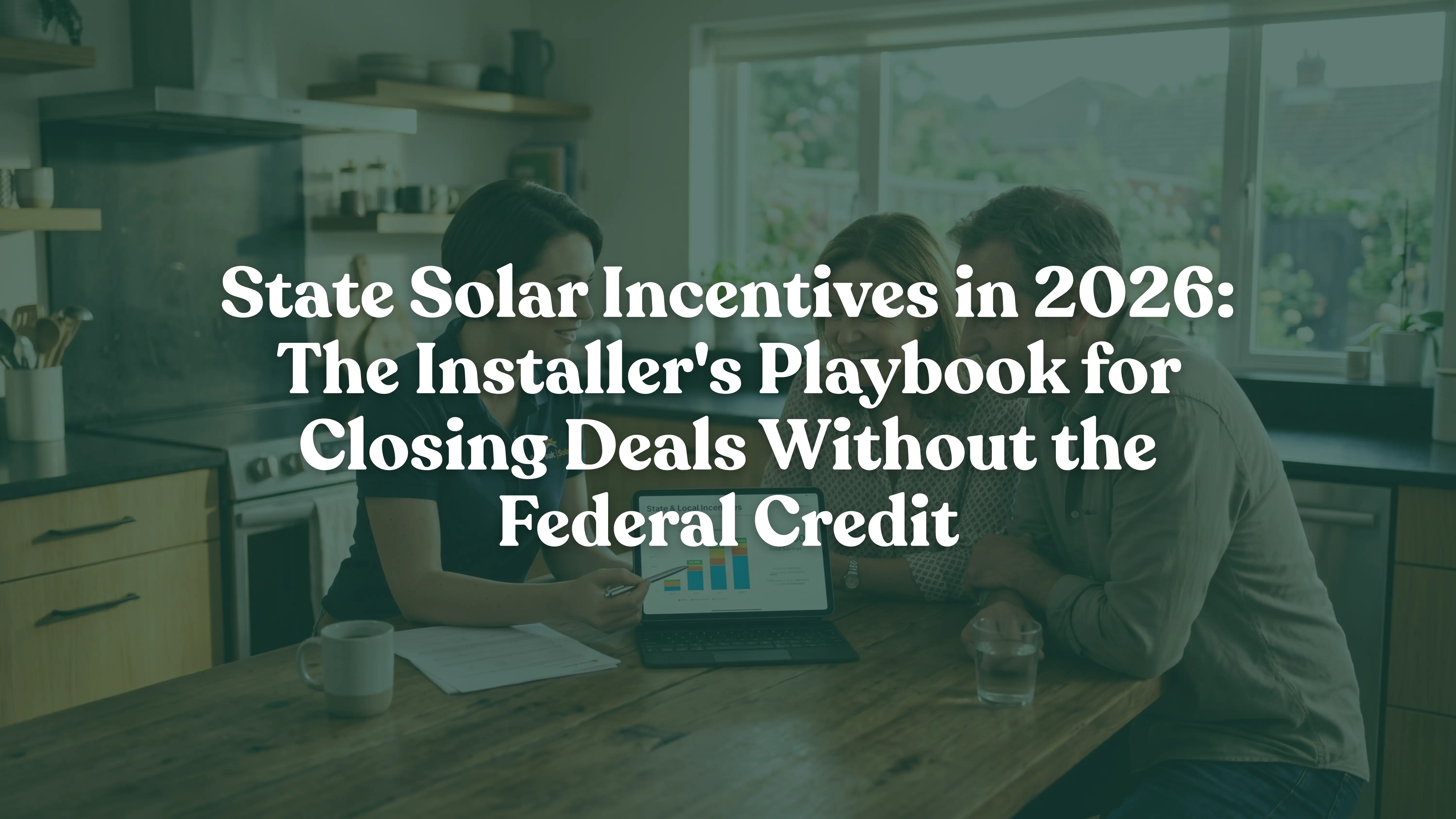 A professional solar sales consultant explaining state solar incentives and financial savings to a homeowner couple using a digital tablet in a modern kitchen.