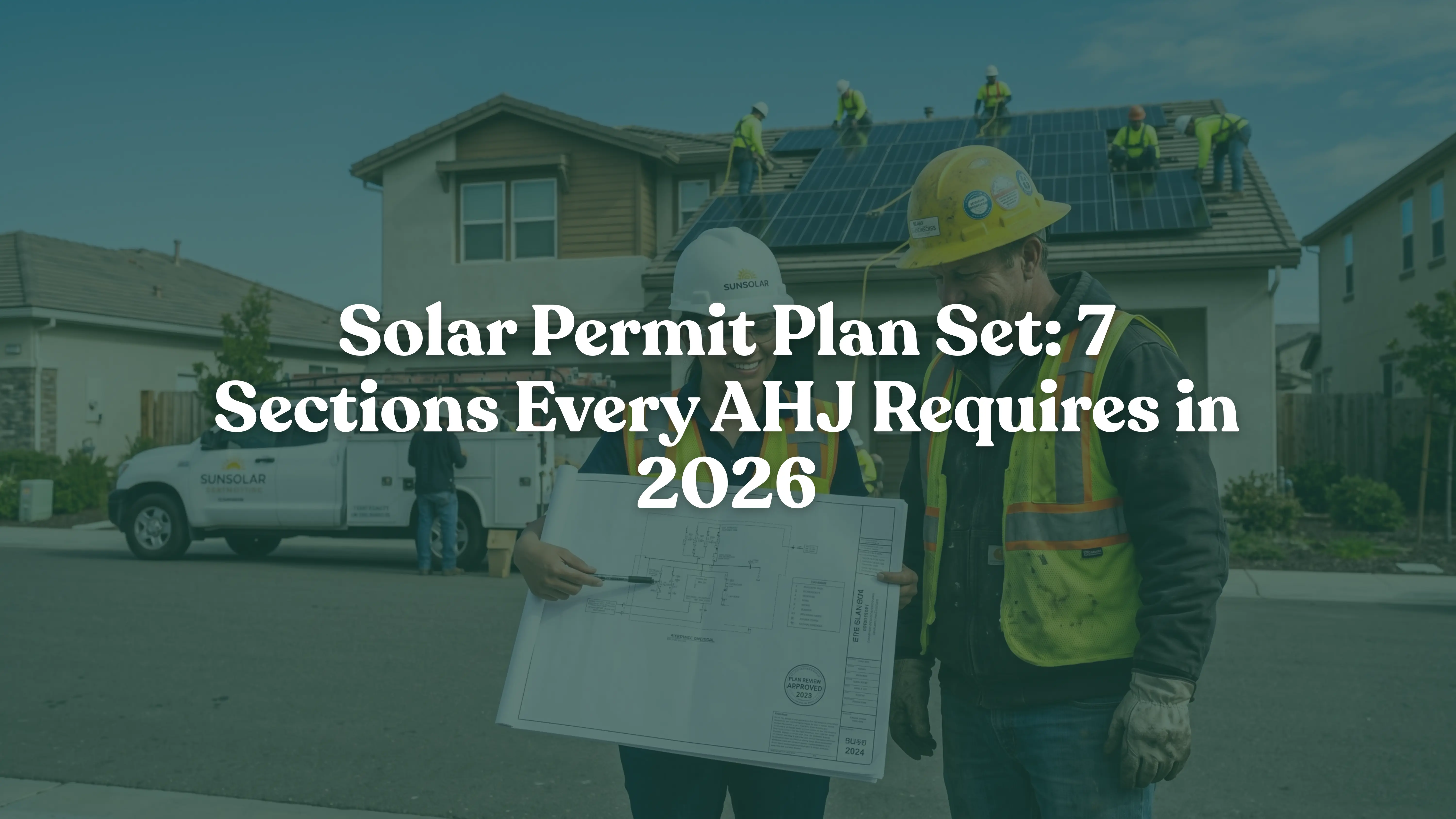 A smiling solar engineer and foreman reviewing an approved solar permit plan set at a residential installation site with a crew mounting solar panels on the roof in the background.