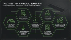 A complete solar permit plan set, organized the way AHJ reviewers actually read it.