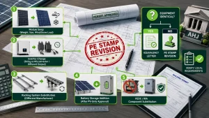 PE stamp revision infographic showing solar equipment changes after permitting, including module, inverter, racking, battery, and FEOC component substitutions that require engineering review and permit amendments.