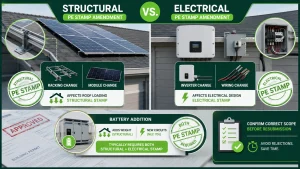 Infographic comparing structural vs. electrical PE stamp amendments for solar permit revisions, illustrating when module, racking, inverter, wiring, and battery changes require structural, electrical, or both engineering stamps.