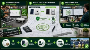 Infographic showing how to avoid a PE stamp revision by verifying solar equipment inventory, including pre-approved equipment substitutions, and working with engineering partners for faster permit approvals and on-time installations.