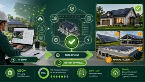 Virtual solar permitting workflow infographic showing SolarAPP+ digital permit submission, automated NEC code review, instant residential solar permit approval, and manual review requirements for commercial, carport, and ground-mounted solar projects.