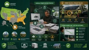Manual solar permit review infographic illustrating solar permitting workflow, AHJ permit approval process, solar plan review, PE stamping, residential and commercial solar permitting, project scheduling, and permit delay management for solar installers and EPCs.