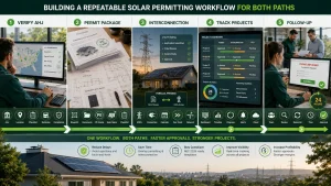Solar permitting workflow infographic showing AHJ verification, code-compliant solar plan sets, PE stamping, utility interconnection, permit tracking dashboard, and permit resubmission process for residential and commercial solar projects.