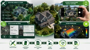 Infographic showing the 2026 remote solar survey workflow with aerial LiDAR imagery, guided homeowner photo capture, utility and AHJ records, shade analysis, and 24-hour residential solar design readiness.