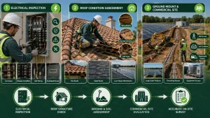 Infographic illustrating where on-site solar surveys outperform remote assessments, featuring electrical panel inspections, roof condition evaluations, and ground-mounted commercial solar site surveys for accurate system design.