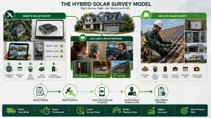 Infographic illustrating the hybrid solar survey model, combining remote solar surveys, live video walkthroughs, and on-site inspections to streamline residential solar project assessments and improve EPC efficiency.