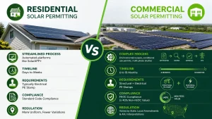 Commercial solar permitting vs residential solar permitting infographic comparing permit timelines, PE stamping requirements, AHJ approval process, code-compliant solar plan sets, utility interconnection, FEOC compliance, and commercial solar engineering services across the United States.