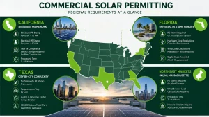Commercial solar permitting requirements by state infographic highlighting California, Florida, Texas, New York, New Jersey, and Massachusetts with PE stamping, AHJ approval, permit timelines, structural engineering, code-compliant solar plan sets, utility interconnection, and commercial solar engineering services.