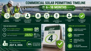 Commercial solar permitting timeline infographic showing 6–18 month project lifecycle, AHJ permit approval, utility interconnection process, PE stamping, code-compliant solar plan sets, 30% ITC deadline, engineering turnaround, and commercial solar permitting services across all 50 states.