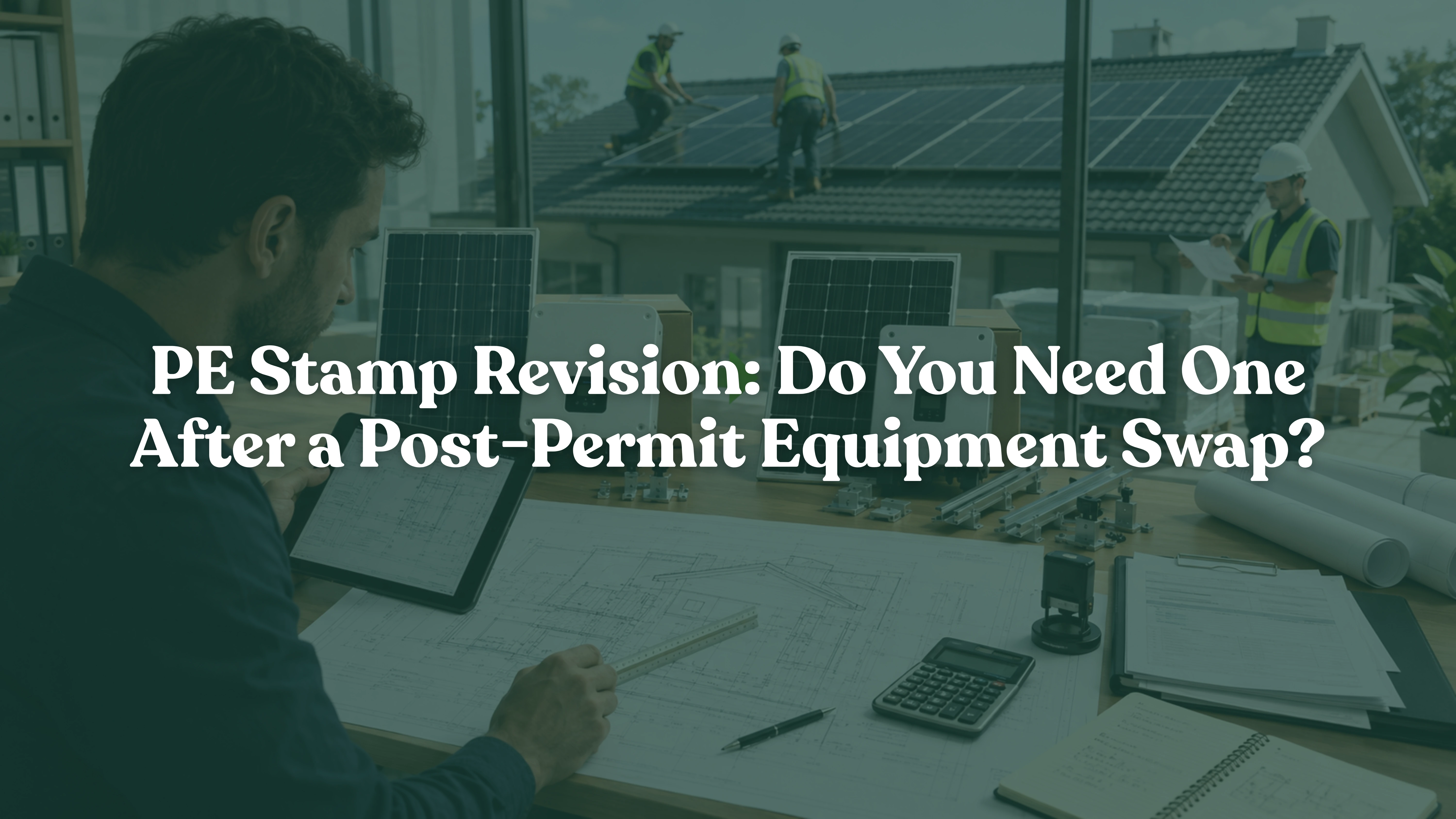 Reviewing solar permit plans while comparing replacement equipment, with rooftop installers awaiting PE stamp approval before continuing installation.