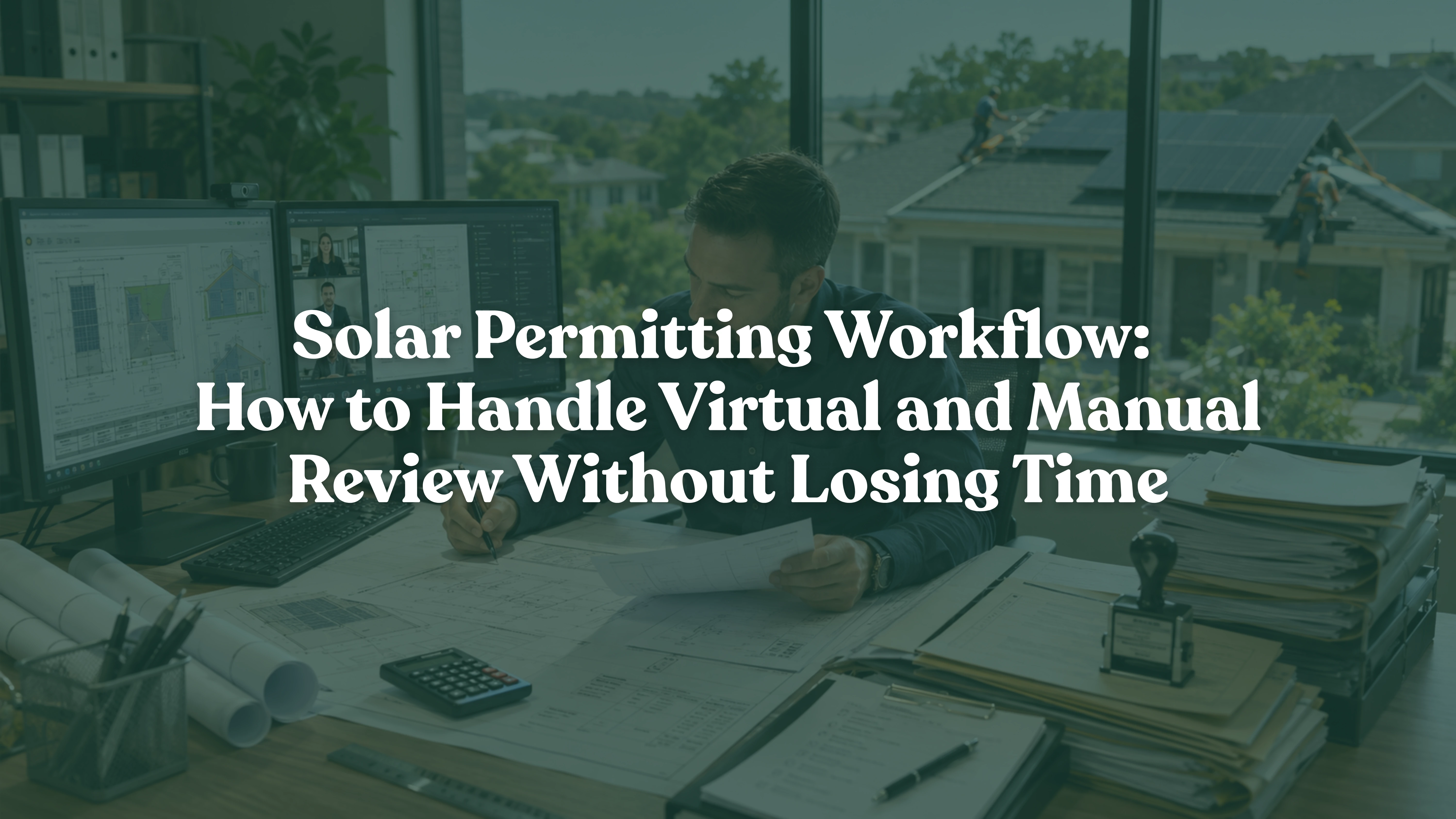Solar permitting workflow for residential solar installation showing an engineer reviewing digital plan sets and manual permit documents, streamlining SolarAPP+, solar permitting, PE stamping, AHJ approval, and solar design services for faster solar project approvals.
