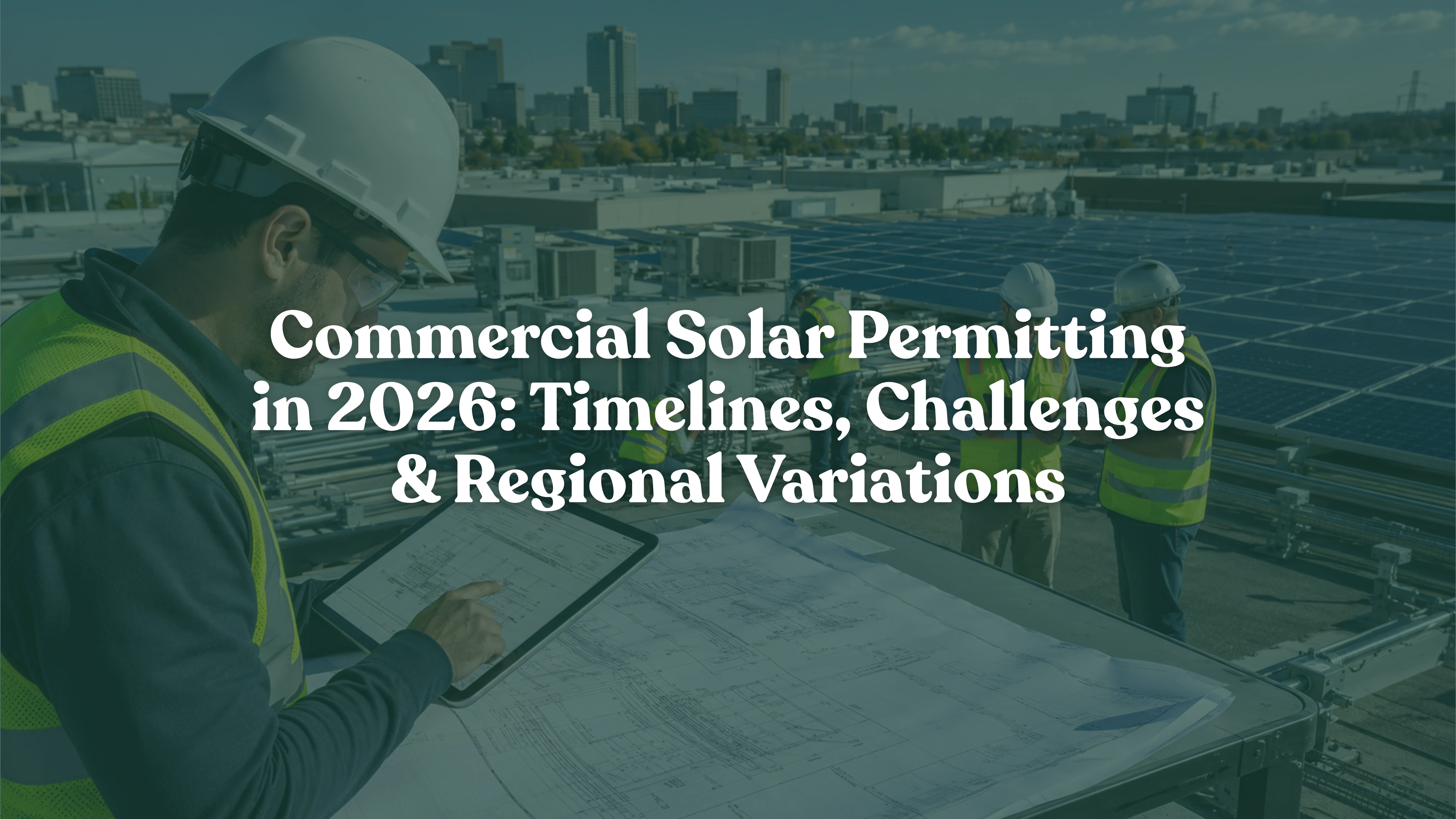 Commercial solar permitting engineer reviewing permit-ready solar plan sets on a commercial rooftop installation with electrical drawings, PE stamping, code-compliant design, solar permitting services, commercial PV system, AHJ approval, and solar engineering support.