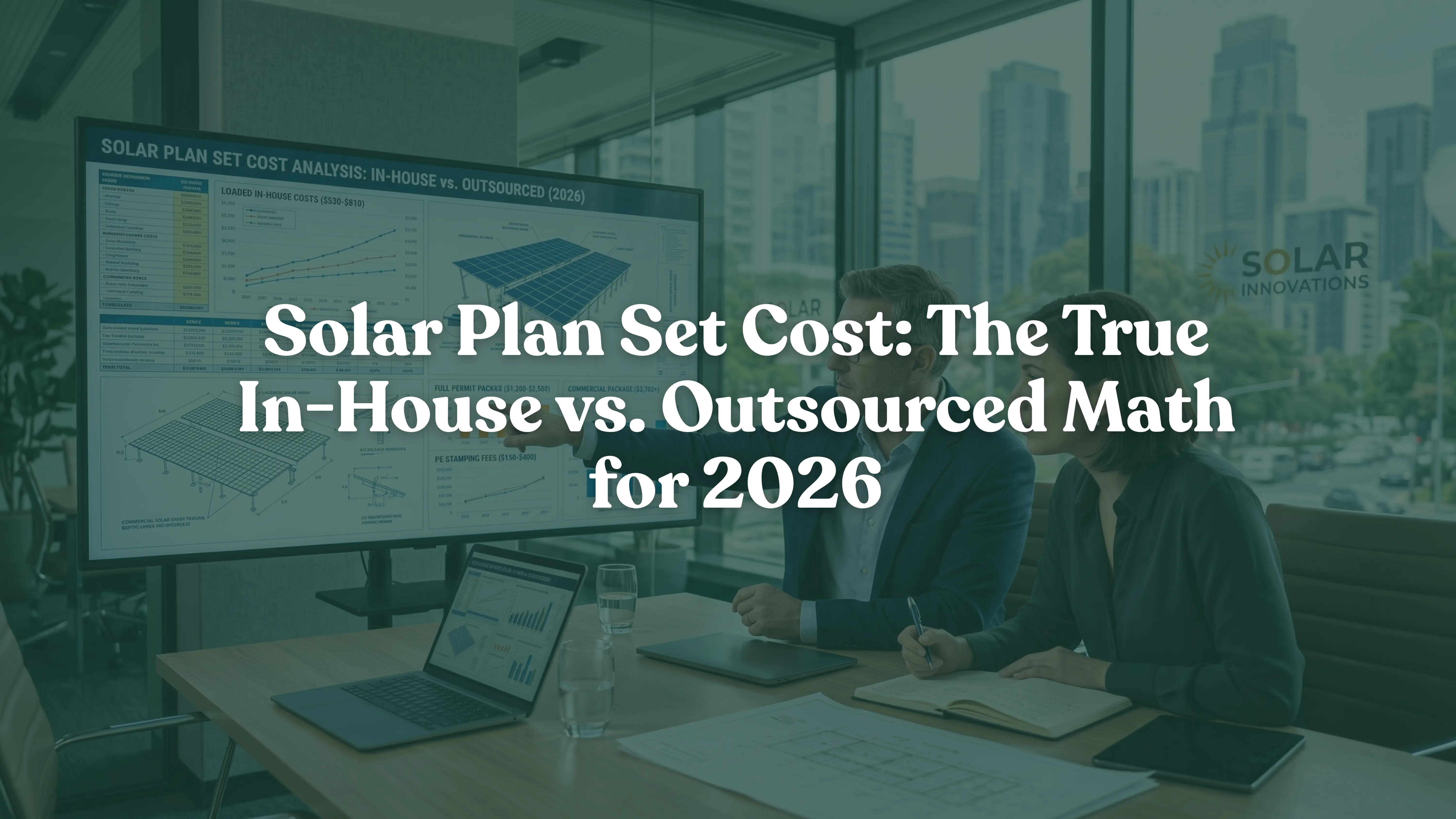 Solar installation company executives analyzing a financial cost comparison between in-house drafting and outsourced solar plan sets on a digital screen in a modern office.