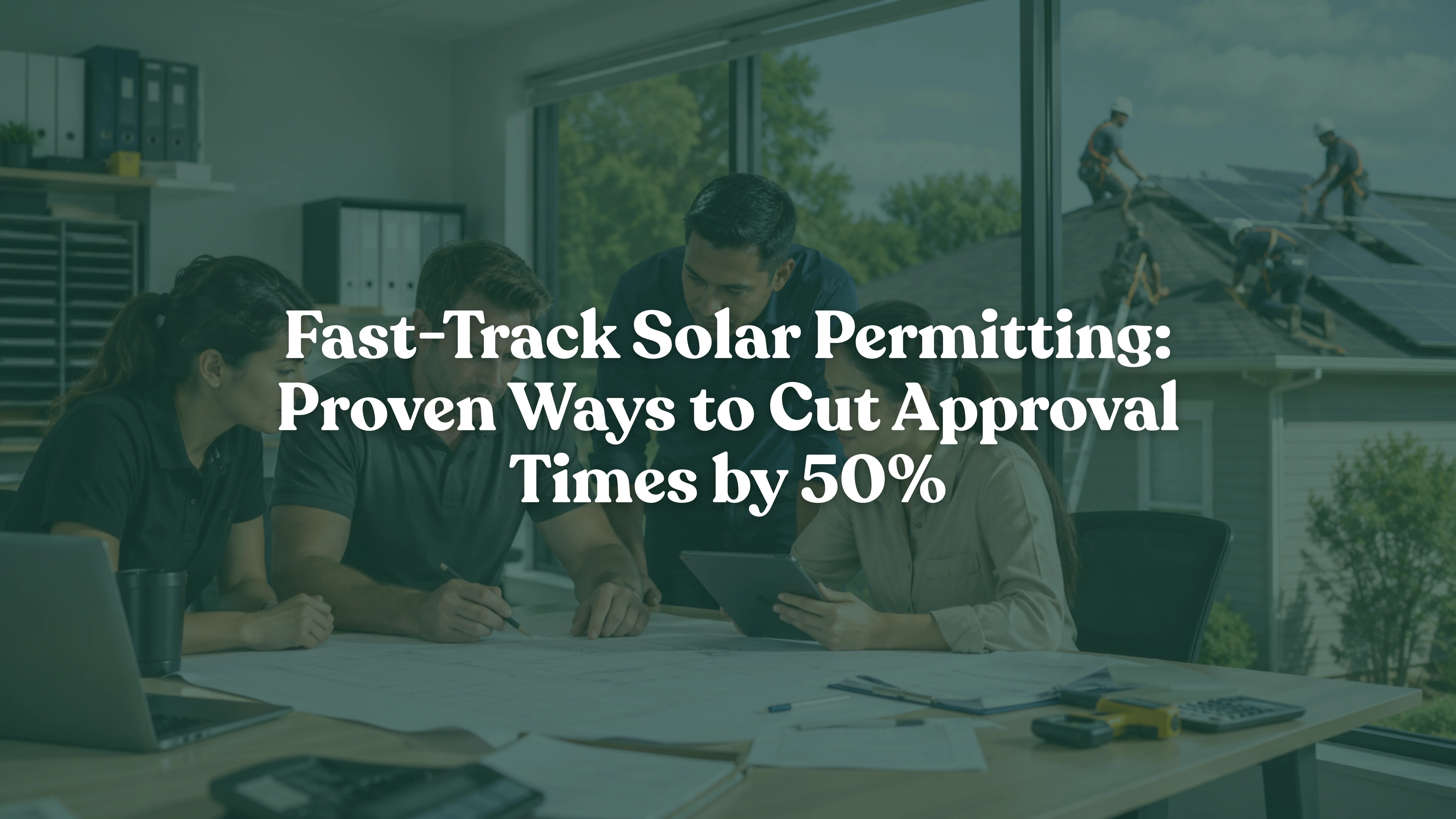 Solar permitting specialists reviewing permit-ready plan sets and PE-stamped solar drawings while coordinating a residential rooftop solar installation to accelerate approval times and streamline interconnection.
