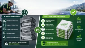 Solar permitting strategy infographic showing how complete permit-ready plan sets, PE stamping, permitting and interconnection services help U.S. solar installers achieve faster AHJ approvals, quicker PTO, fewer revisions, and higher project profitability.
