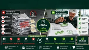 AHJ approval infographic showing how permit-ready solar plan sets, PE stamping, and permitting & interconnection services help U.S. solar installers achieve faster permit approval, quicker PTO, fewer revisions, and higher project profitability.