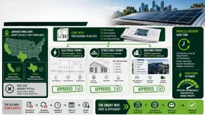 Infographic on streamlining solar installation permits with permit-ready plan sets, PE stamping, and permitting & interconnection services, showing how quality documentation and parallel reviews help U.S. solar installers achieve faster AHJ approvals and quicker PTO.
