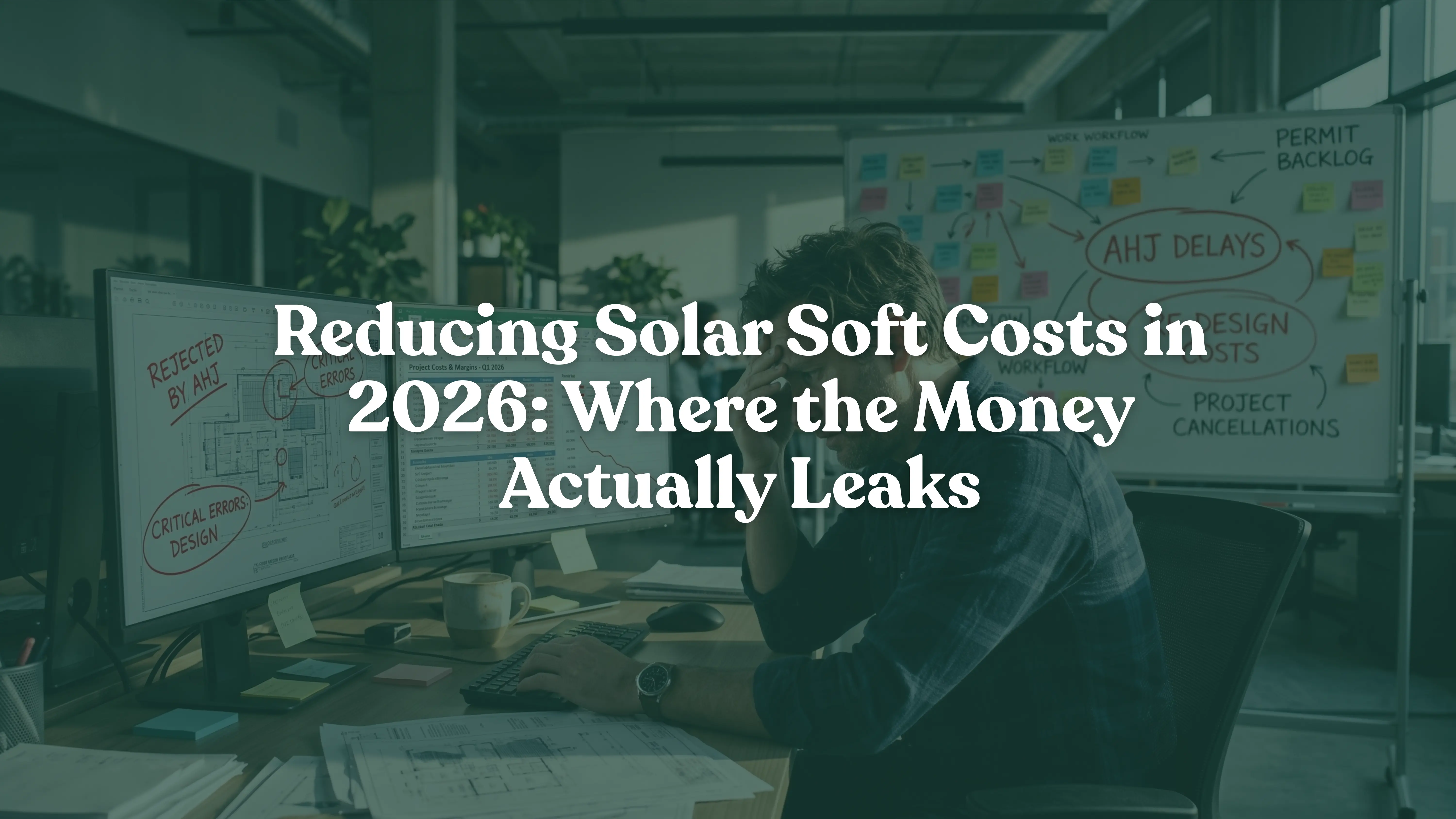 A stressed solar project manager reviewing a rejected blueprint plan set and financial spreadsheets on a computer in a modern office, highlighting the burden of rising solar soft costs and operational inefficiencies.