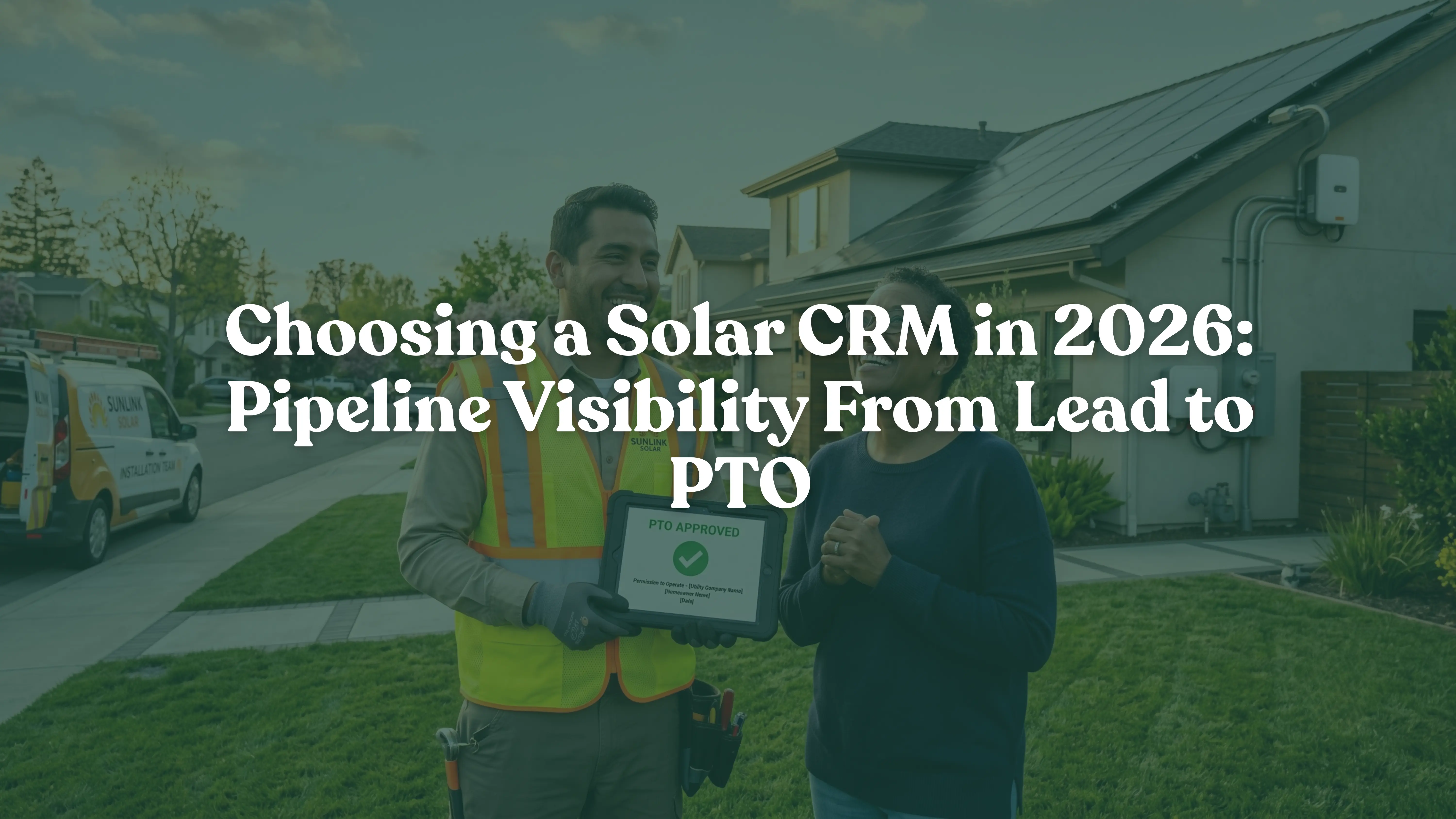 Ultra-realistic landscape view of a solar technician and a relieved homeowner celebrating a successful solar installation with PTO approval confirmed on a digital tablet in front of a modern home with solar panels.