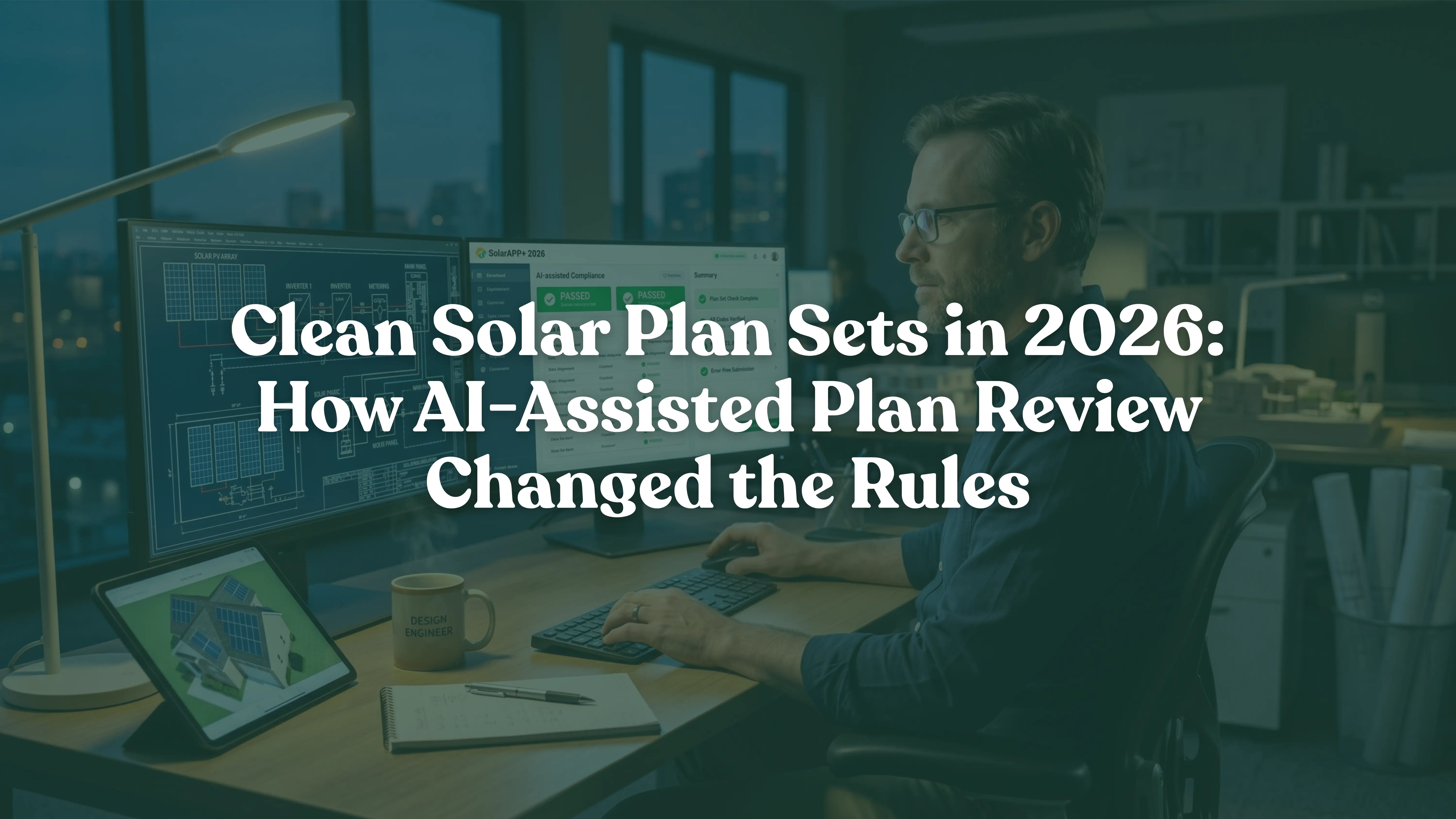 Modern solar design engineer at a dual-monitor workstation reviewing a highly detailed solar plan set with AI compliance software showing green checkmarks for an approved, error-free digital permit submission.