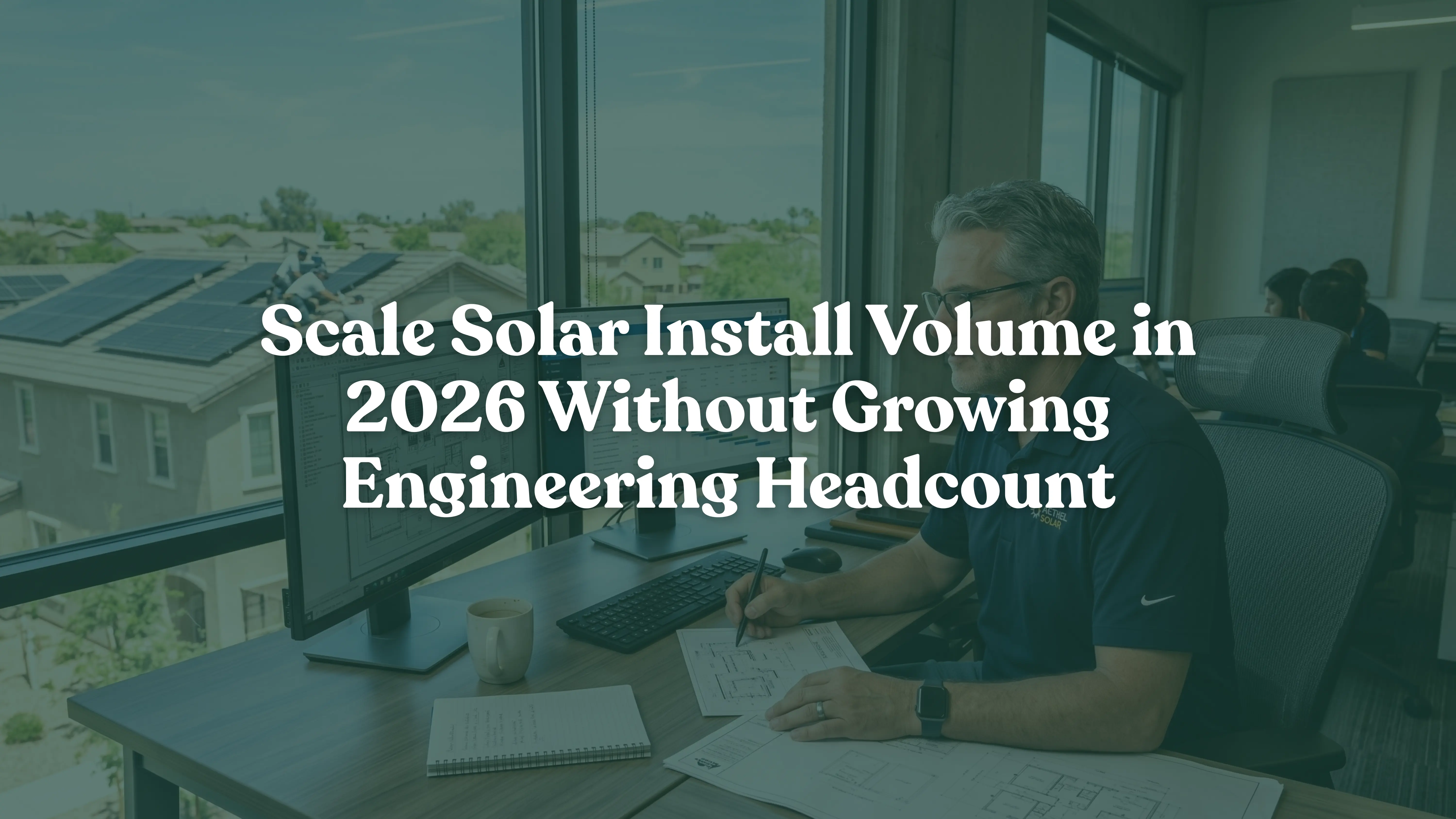 Ultra-realistic landscape photo of a focused solar project manager optimizing installation workflows on dual monitors in a modern office, with a residential solar panel installation visible outside the window.