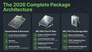 A complete NEC 690/706 permit package needs 12 core documents — the shared admin and structural sheets, the NEC 690 documents for the PV side, and the NEC 706 documents for the storage side.