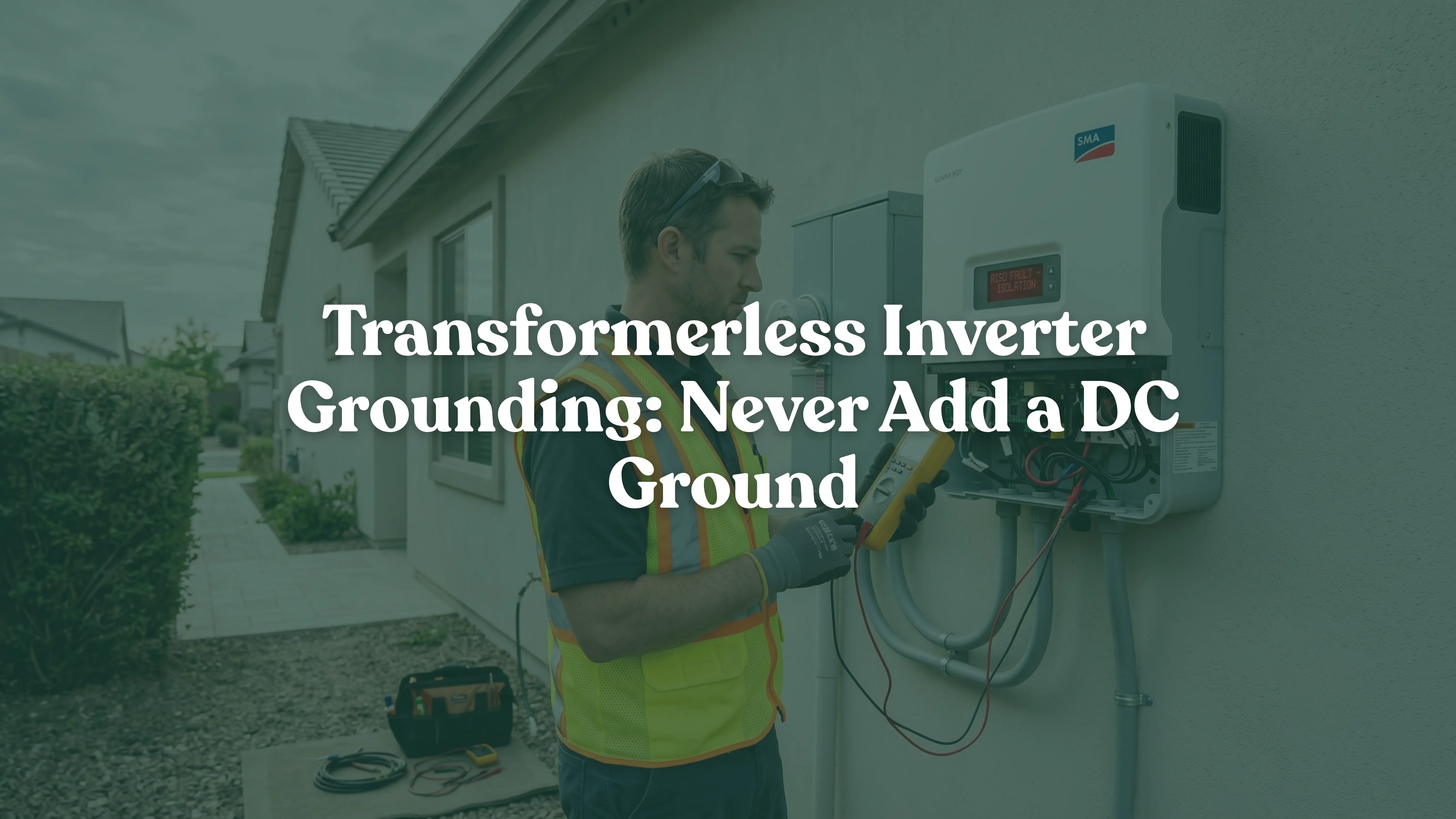 Solar technician diagnosing an isolation fault on a transformerless inverter next to residential electrical wiring and conduits.
