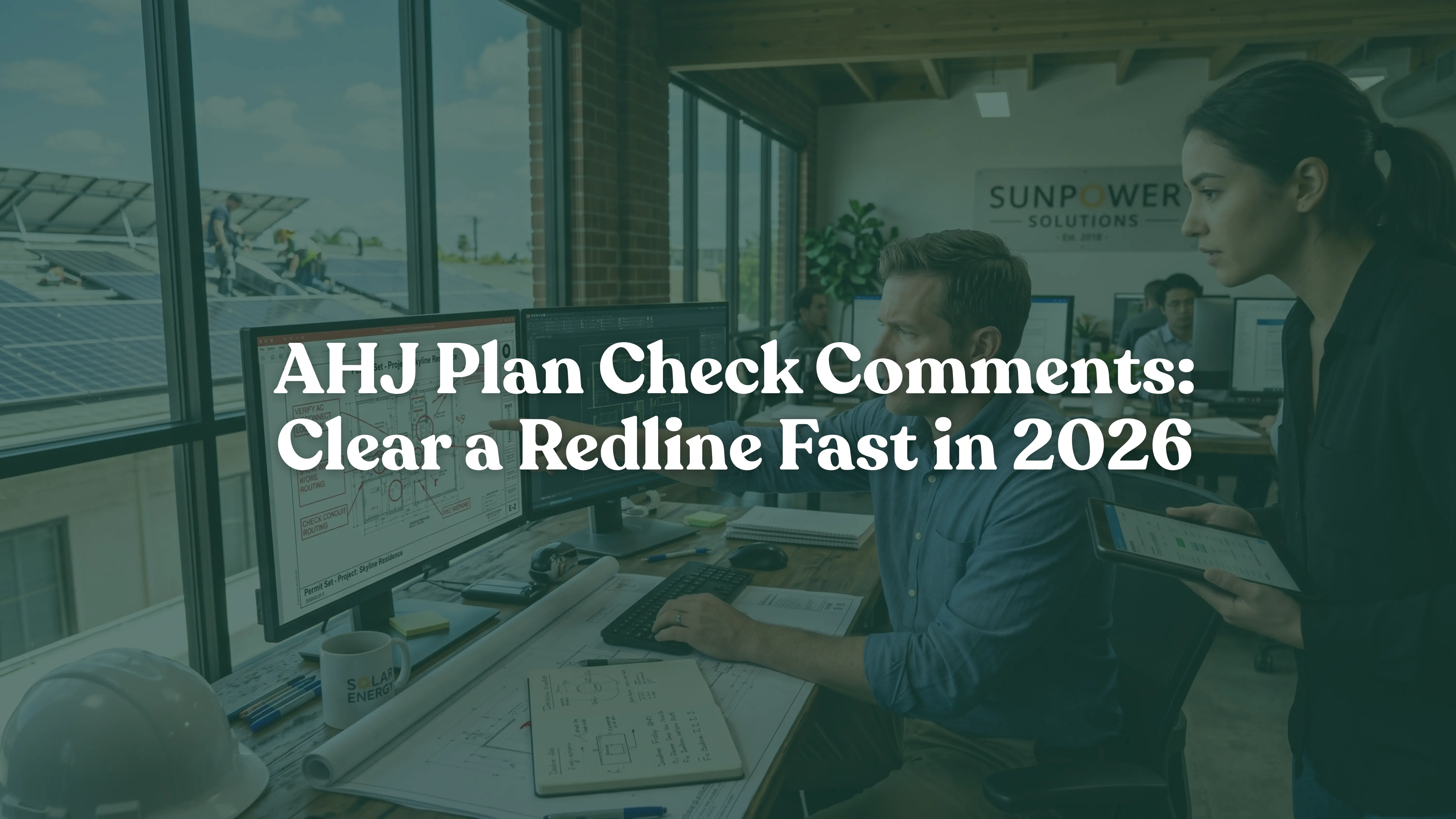 Solar project manager and CAD designer focused on reviewing AHJ redline permit comments and solar blueprint corrections in a sunlit modern office setting.